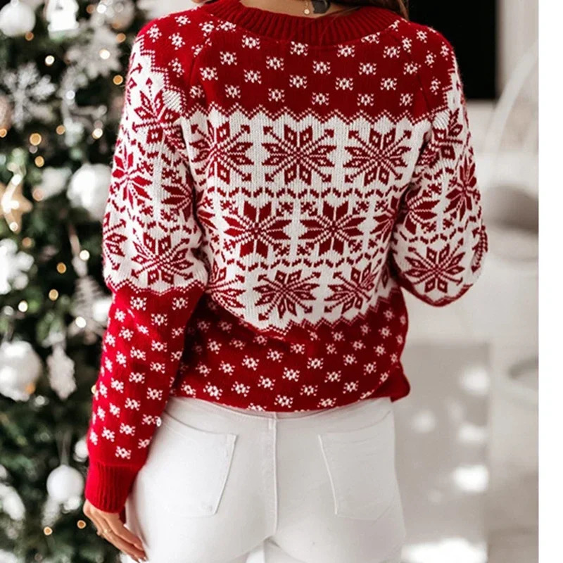 Womens Christmas Sweater Chiffon Printed Long Sleeve O-Neck Knitted Casual Soft Pullover Top Jacquard Jumping Pullover for Women 241113