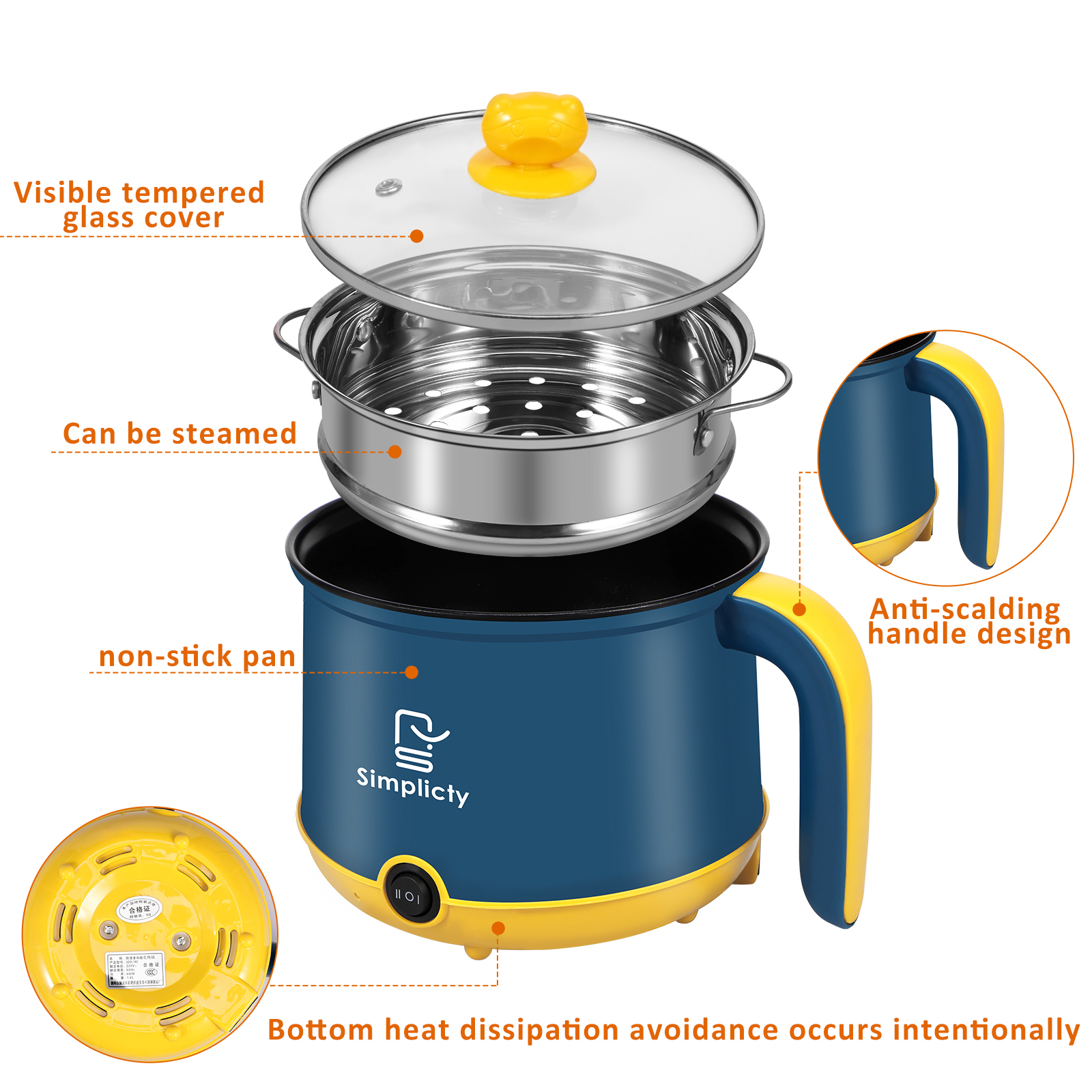 Electric Hot Pot with Handle 1.8L / 55oz Electric Cooking Pot Non-Stick Mini Cooker with Steam Rack 2 Gear Mini Hot Pot Cooker