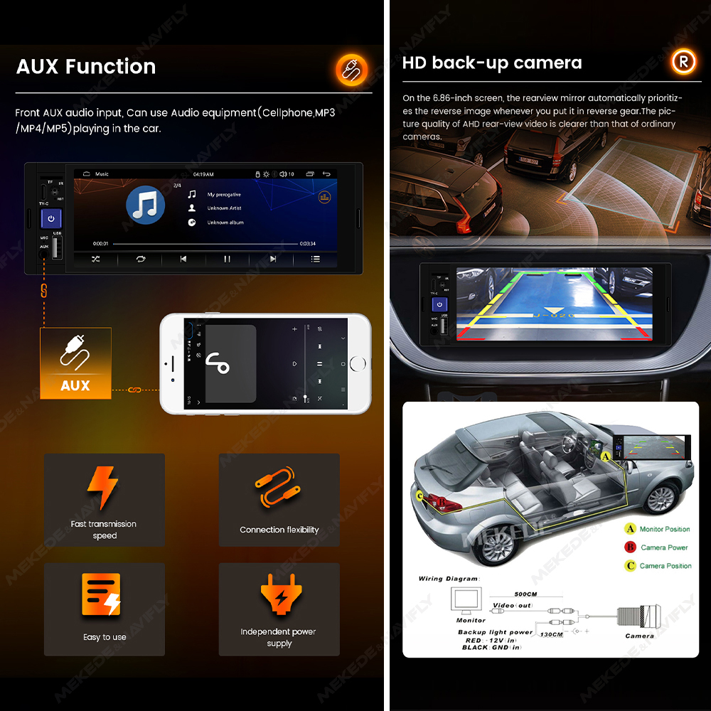 MEKEDE 1 Din Car Radio Carplay Android Auto HD Touch Screen MP5 Player Universal Multimedia Tape Recorder AUX USB FM Audio