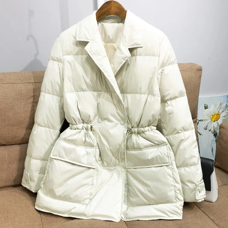 Lagabogy Winter Womens White Duck Down Jacket Womens Notched Collar Double Chest Jacket Casual Womens Brushed Padded Jacket 241112