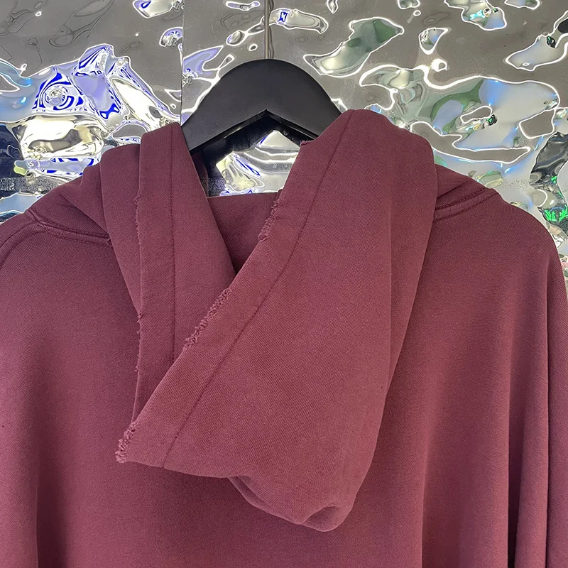 Men Women Wine Red Vintage Damaged Hole Hoodie Best Quality Oversized Classic Pullovers Hooded
