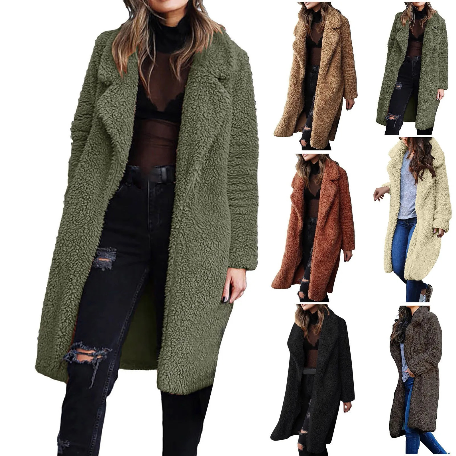 Flannel Plaid Trench Coats for Women Casual Fuzzy Blend Solid Color Long Shirt Cardigan Jacket Down Wool Coat 2023 Fashion 241108