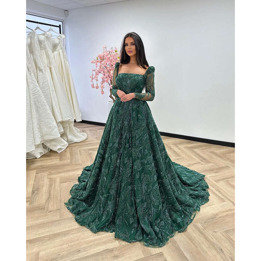 Green Emerald Crystal Evening Dresses Elegant A E Turkey Prom Dress Beaded Long Sleeves Illusion Formal Party Gowns
