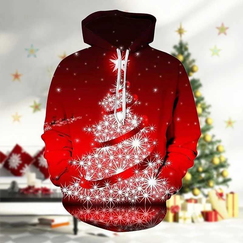 Christmas Theme Hoodie Mens Clothing Long Sleeve Pullover Ugly Sweatshirt 3D Print Gingerbread Tree Lights Funny Fashion Hoodies LX241113