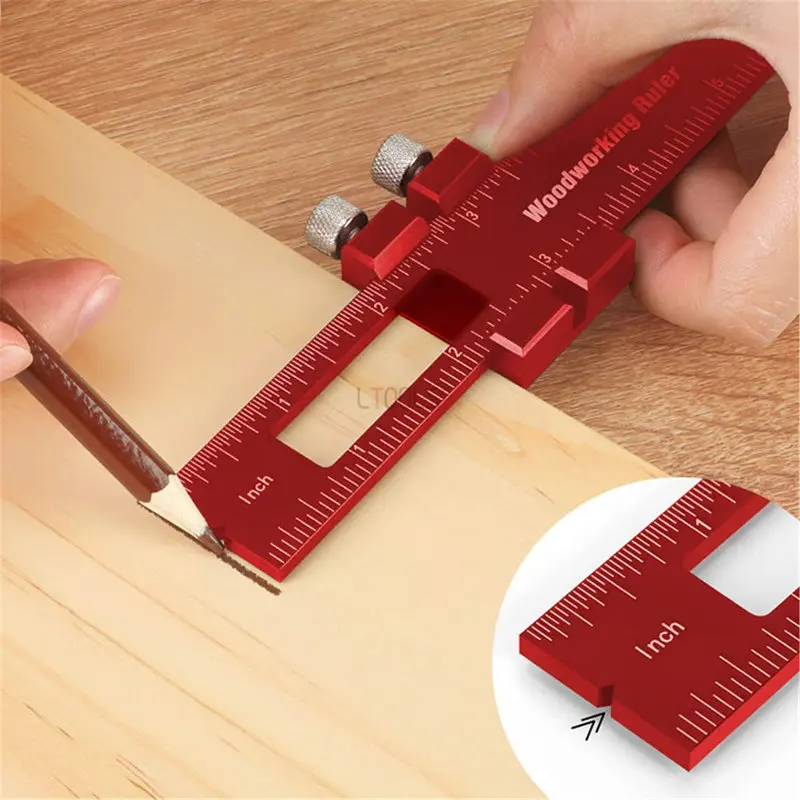 Aluminum Alloy new 3 Sets of Red T-shaped Woodworking 2025 Tools Round Hole Ruler Portable Woodworker DIY Multifunctional Scriber Ruler