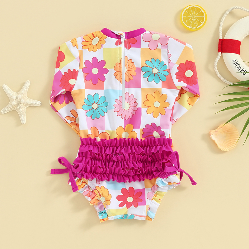 0-3Y Baby Girls Rash Guard Swimwear Butterfly Floral Long Sleeve Ruffle Romper Swimsuits Toddler Beachwear Kids Bathing Suits