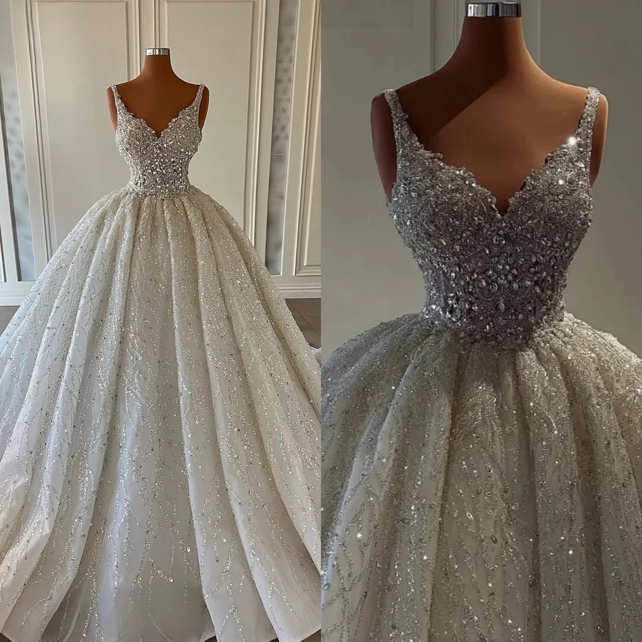 Crystal Lace Ball Gown Wedding Dress, Sweetheart Necke, Sleeveless, Sweep Train, Custom Made