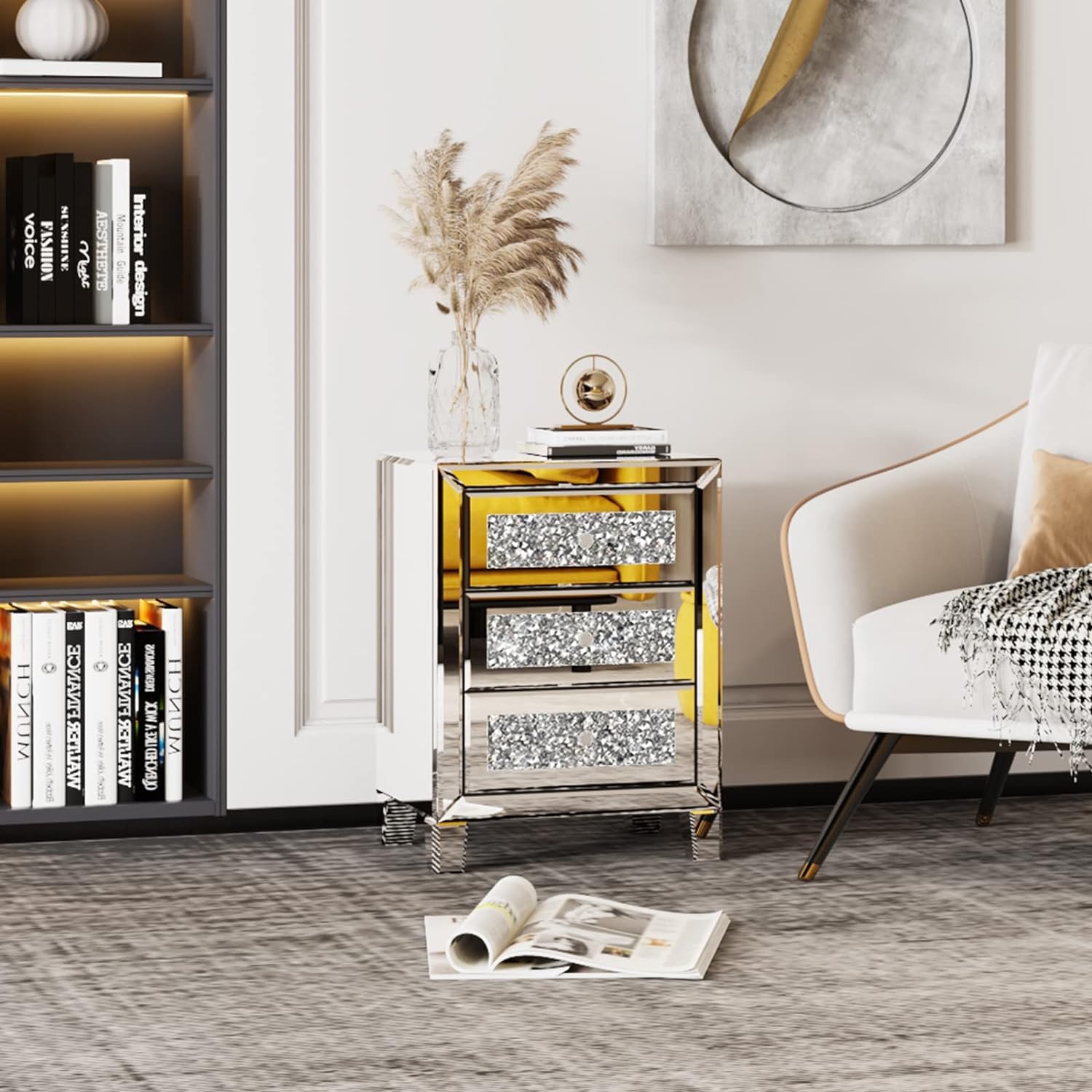 VINGLI Mirrored bedside table Nightstand Set of 2 Silver Side/End Tables for Living Room Contemporary Night Table