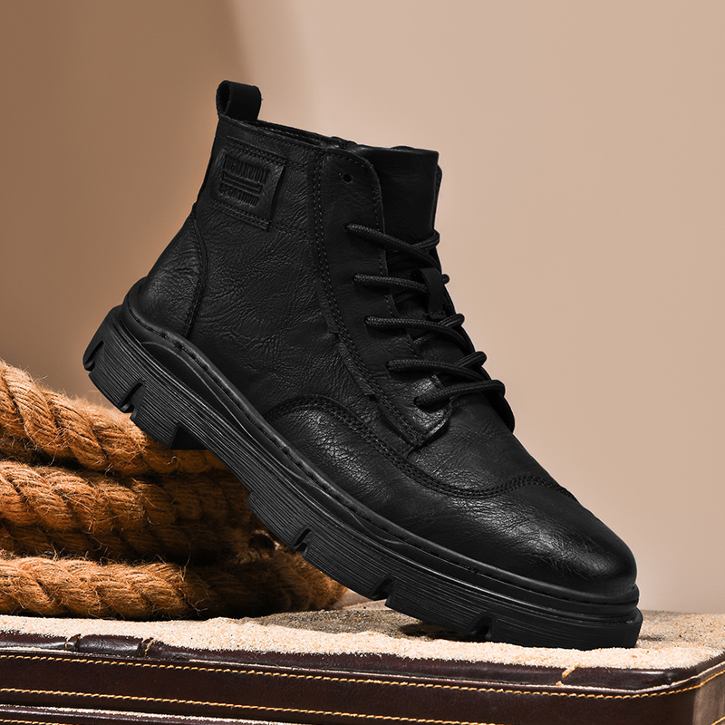 Brand Italian Leather Thick Soled Work Boots Fashionable New Winter Men's High Top Shoes Wear-resistant Soles f2c6