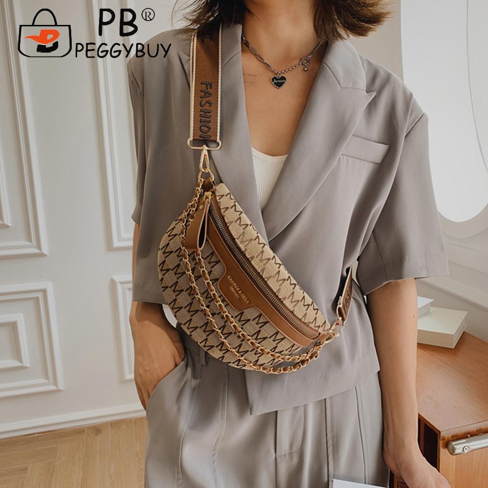 Designer Bag Vintage Crossbody Sling Printed Letter Women Saddle Waist Bag Canvas Phone Pouch Chains Ladies Wide Strap for Travel Work