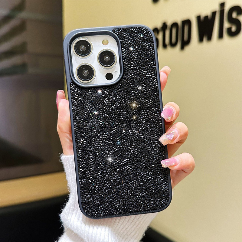 Bling Diamond Designer Phone Case for Apple iPhone 17 16 Pro Max Samsung Galaxy S26 S25 Luxury Glitter Sparkling Rhinestone Velvet Lining Back Cover Coque Funda Black