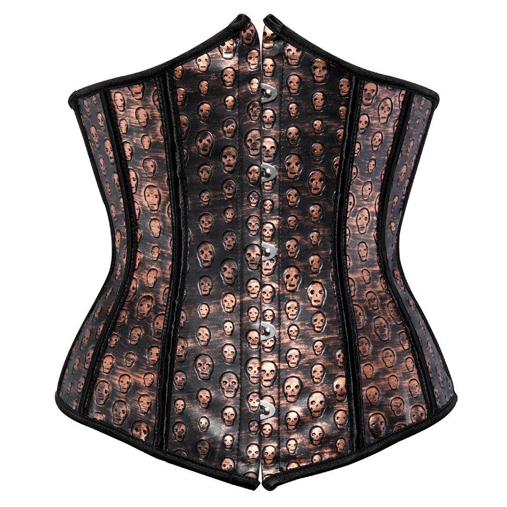 ddmysmile Leather Corset Faux Woman Steampunk Bustiers Overbust Skull Print Corselet Lace-Up Corsets Sexy Waist Trainer Pirate Costumes Smile
