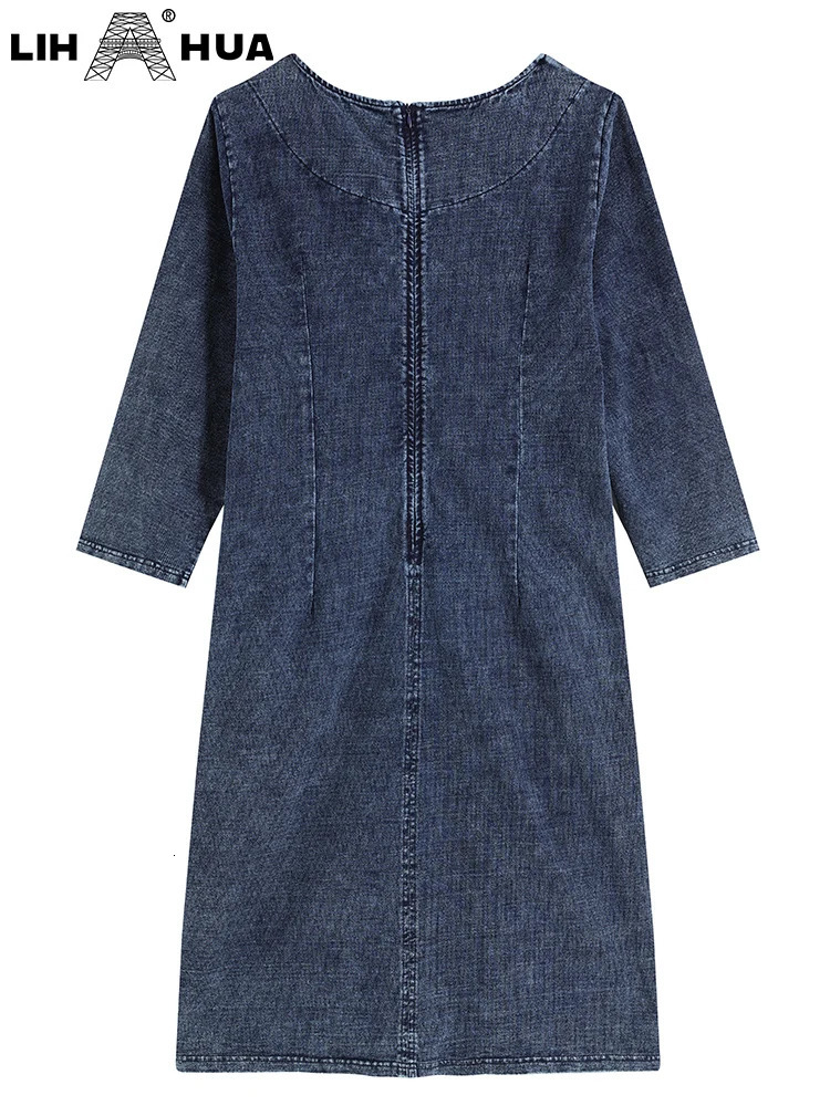 LIH HUA Womens Plus Size Denim Dress Autumn Chic Elegant Dresses For Chubby Women Cotton Knitted Bow Knot Dress 240407