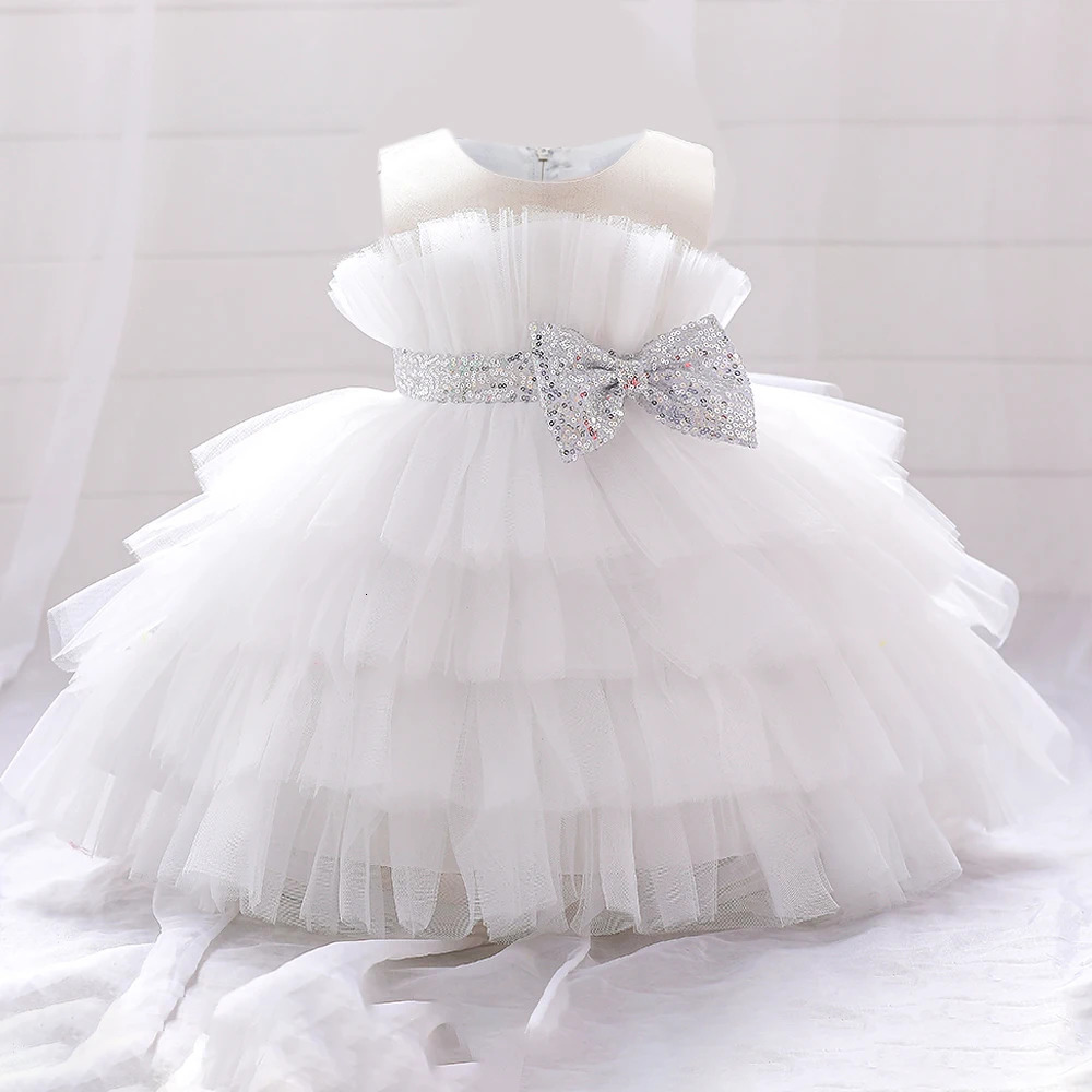 Toddler Fluffy Pink Wedding Party Dresses for Baby 2-8 Yrs Sequin Bow Tulle Baptism Birthday Princess Clothe Lace Summer Dresses 240407