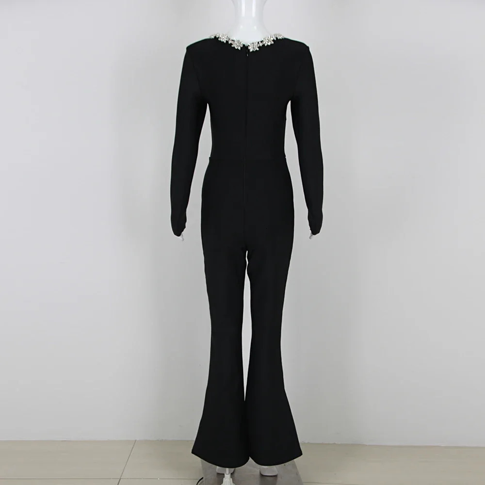 DEIVE TEGER womens black bandage jumpsuit square neck diamond high waist wide leg jumpsuit elegant party jumpsuit 241112