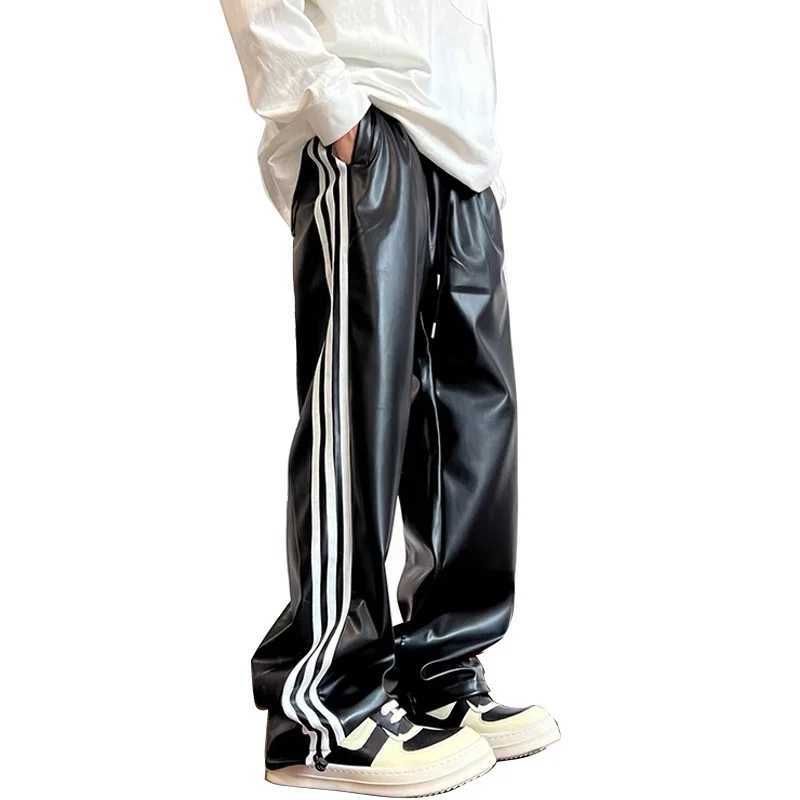 Side striped leather pants mens womens loose casual hip-hop retro straight PU leather pants cargo cart W241112