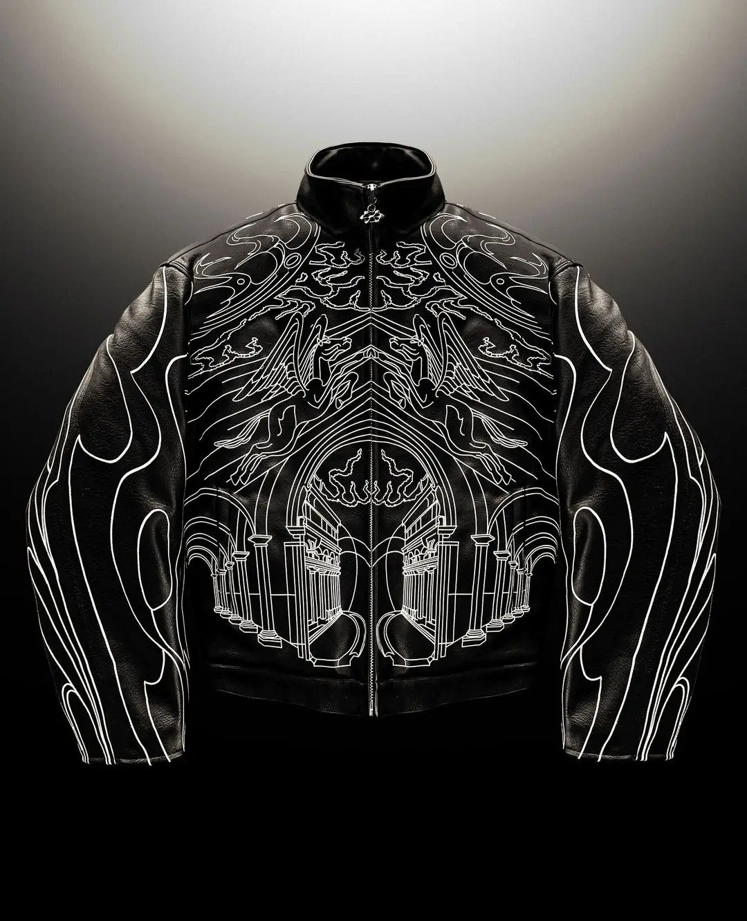 Y2k mens jacket Gothic retro black leather jacket with oversized line pattern Harajuku punk long sleeved zipper jacket clothing 241112