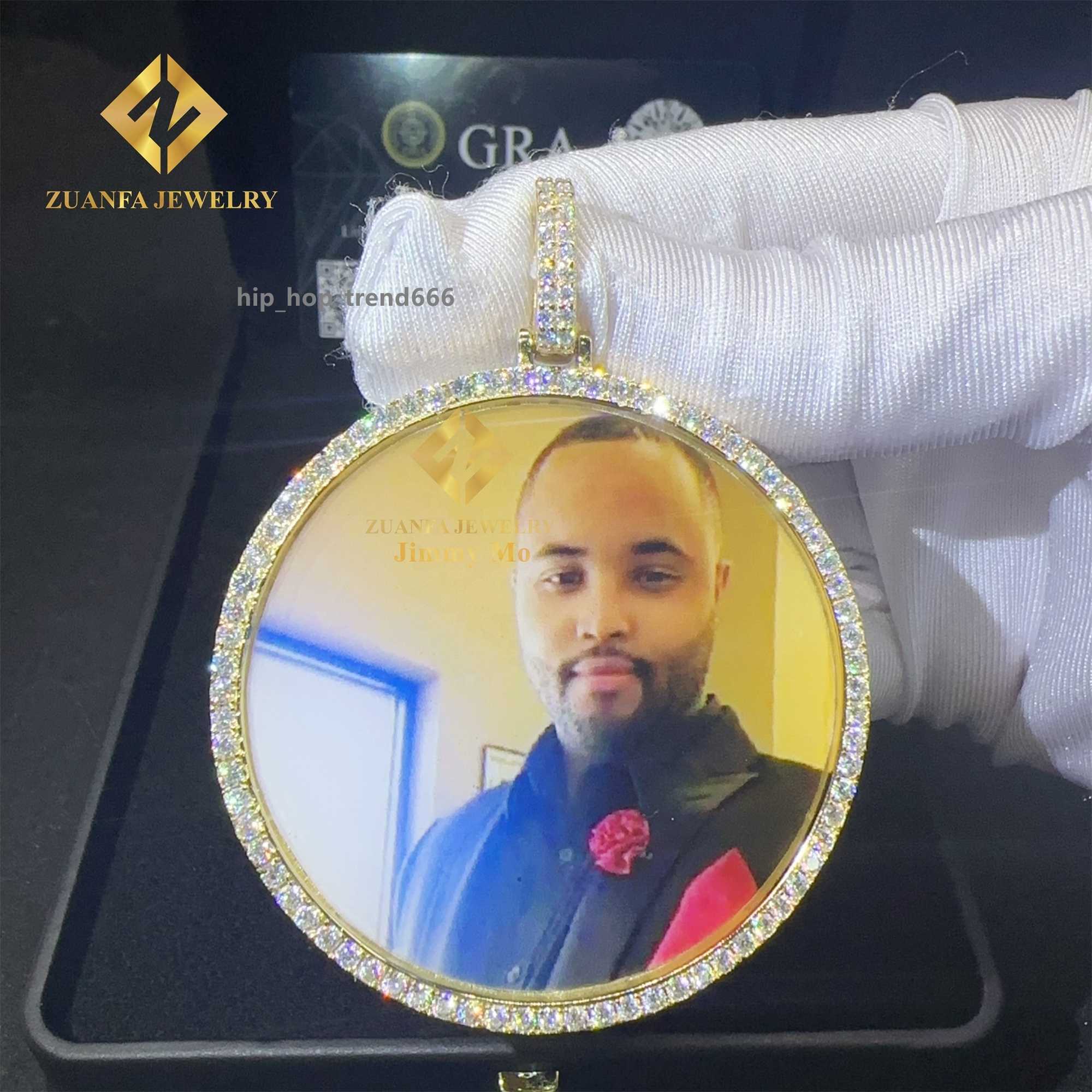 55MM Diameter Pass Diamond Tester Iced Out Jewelry S925 Yellow Gold Plated VVS1 Moissanite Diamond Memory Pendant Necklace
