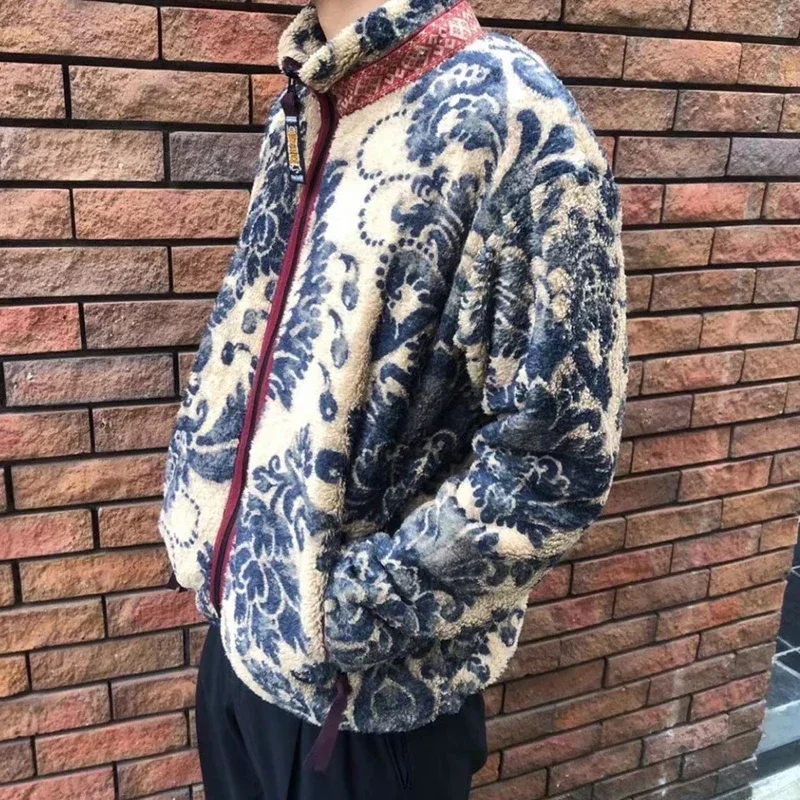 19aw Autumn Spring Fleece Vintage Casual Zipper Warm Jacket Tang Cao Chao Women Men Printed Cashmere Coat