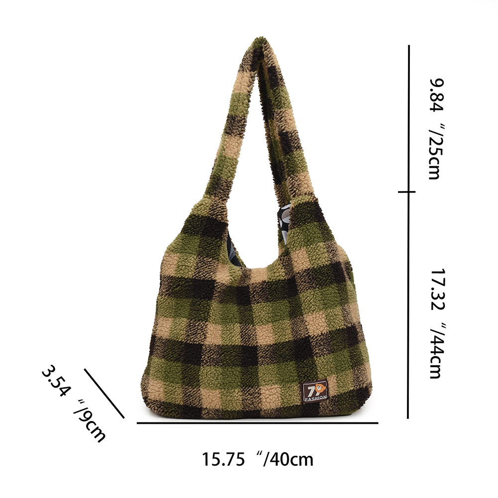 Women Lamb Wool Fluffy Handbag Large Capacity Plush Shoulder Bag Plaid Pattern Tote Bag Vintage Fashion Shopping Underarm Bag