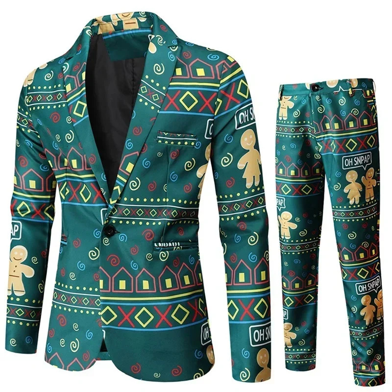 Men Tuxedo Suits Christmas 2 Piece Regular Fit Suit Snowflake Santa Print Blazer Jacket Pants Suit Set Party Outfits 241113