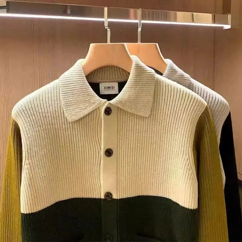 Mens Knitted Polo Shirt with Open Collar Standing Long Sleeve Button Mens Top Spring and Autumn Slimming Collar Sweater 241108