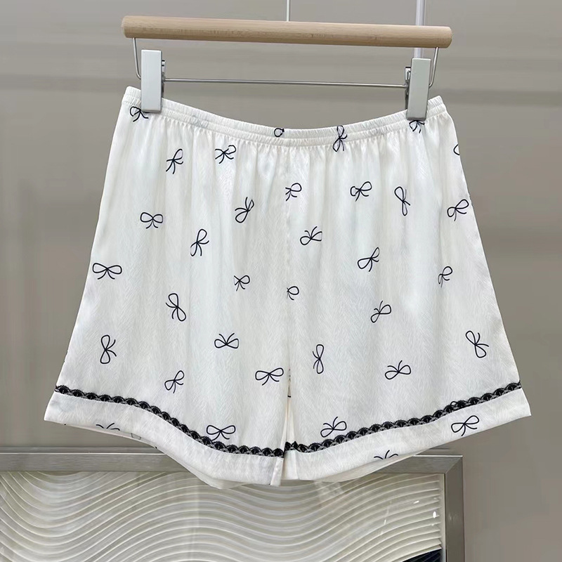 Women's Pajamas Sets Spring Summer 2 Piece Bow Print Pyjama Faux Silk Satin Sleepwear Short Sleeve Pijama Mujer Pjs Homewear
