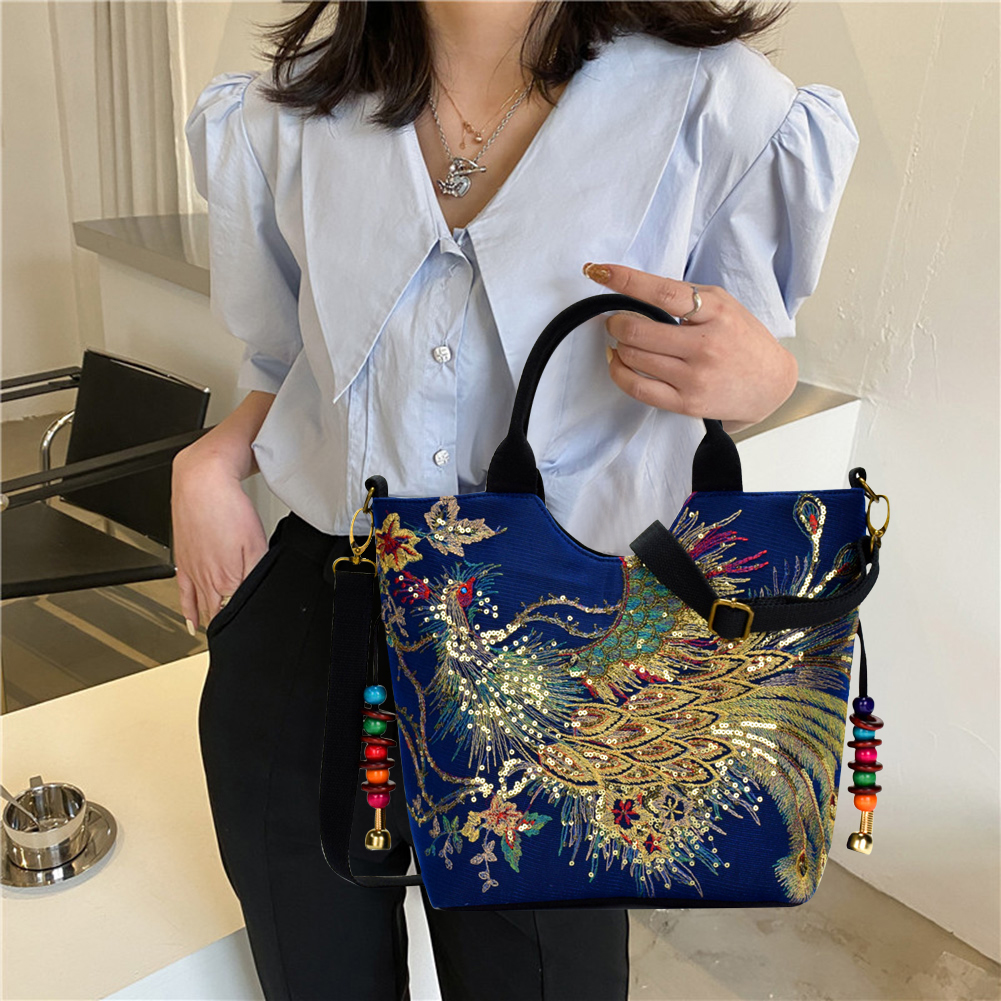 Trendy Tote Bags For Women: Embroidered Canvas Shoulder Bag With Top Handles, Large Capacity Ethnic Style Handbag New Free Delivery Designer Bag