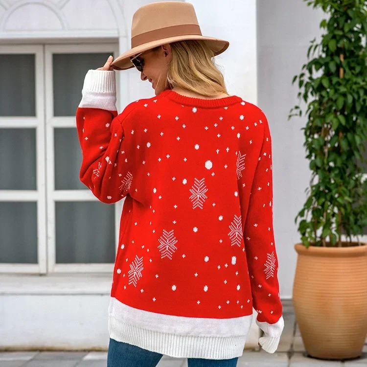 Christmas print loose jacquard sweater for womens casual O-neck full sleeve knitted jumper autumn and winter fashion womens street pulley 241113