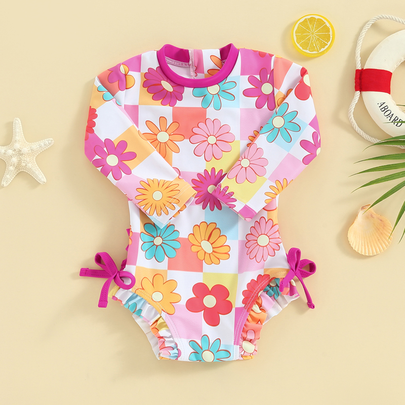 0-3Y Baby Girls Rash Guard Swimwear Butterfly Floral Long Sleeve Ruffle Romper Swimsuits Toddler Beachwear Kids Bathing Suits