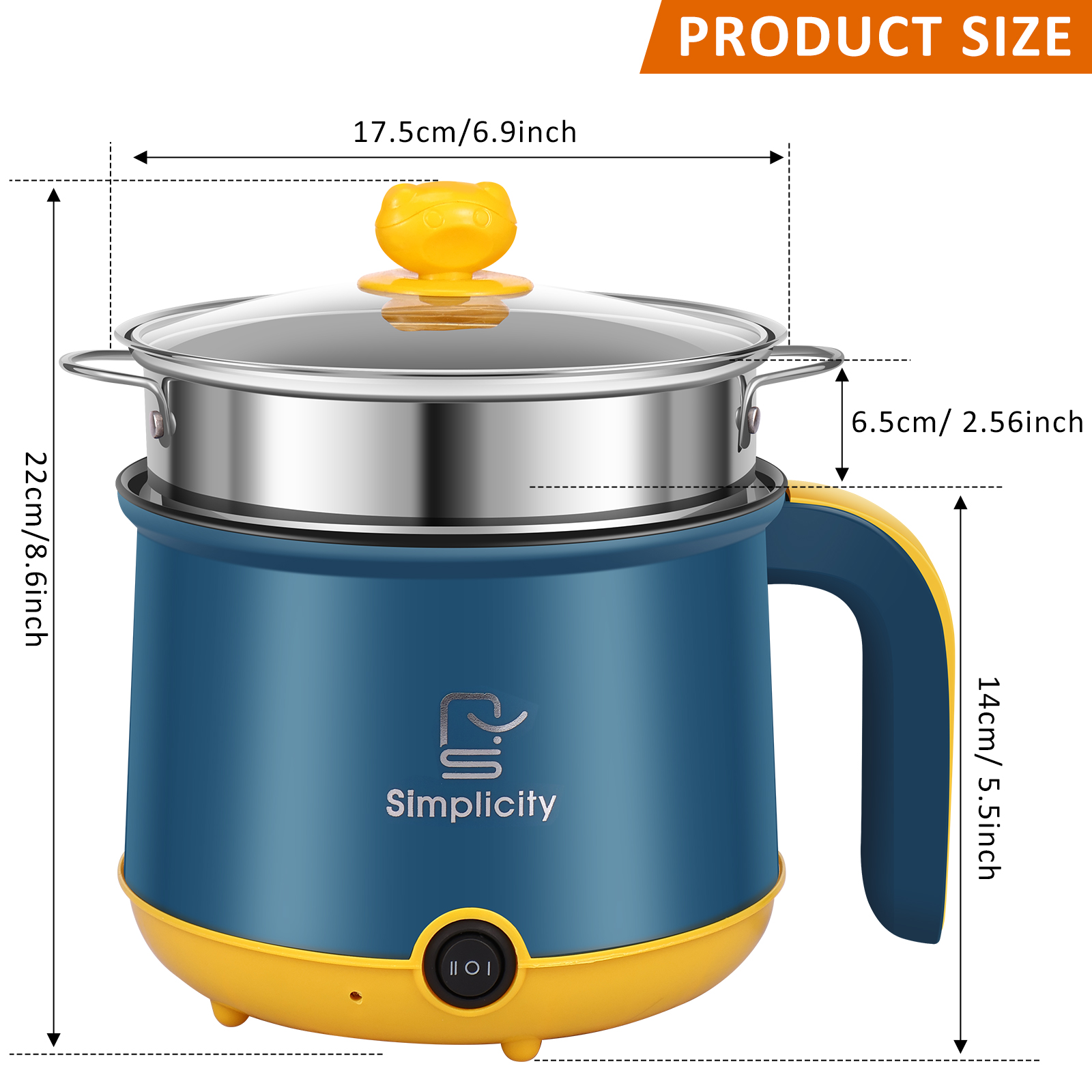 Electric Hot Pot with Handle 1.8L / 55oz Electric Cooking Pot Non-Stick Mini Cooker with Steam Rack 2 Gear Mini Hot Pot Cooker