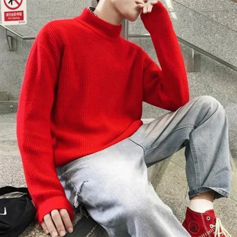 Mens solid color knitted sweater mens collar pure blue floral Korean fashion sportswear long sleeved 100% A 241113