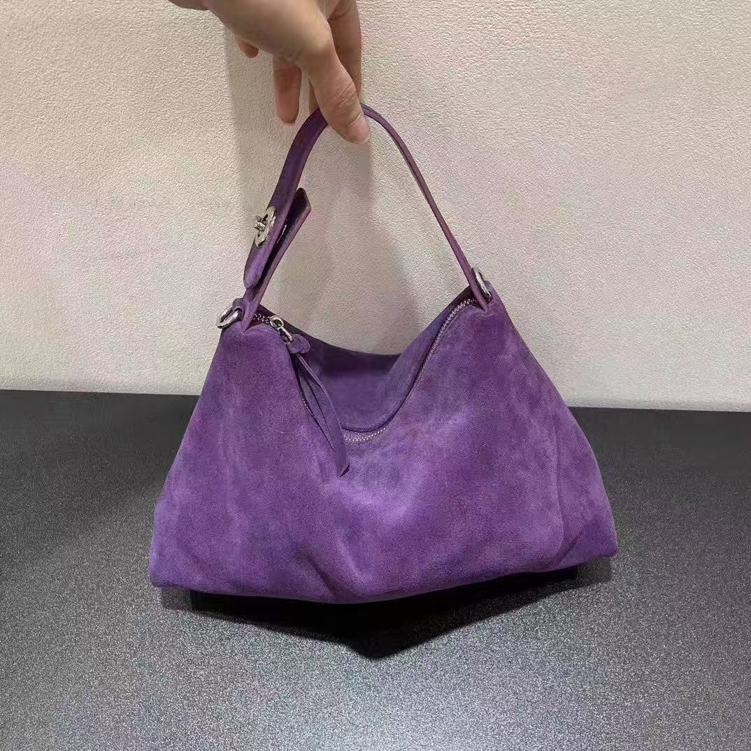 New High-End Soft Winter Large Hobo Tote 100% Genuine Suede Leather Women Shoulder Crossbody Purple Nubuck Ladies Hand Bag Paisley BagVoyage