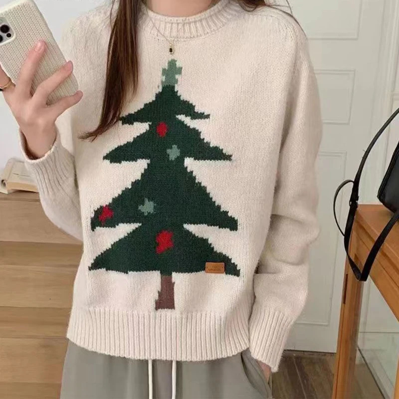 Year Christmas Tree Jacquard Womens O-neck Thick Zipper Australian Wool Knitted Sweater Winter Loose and Casual n 241113