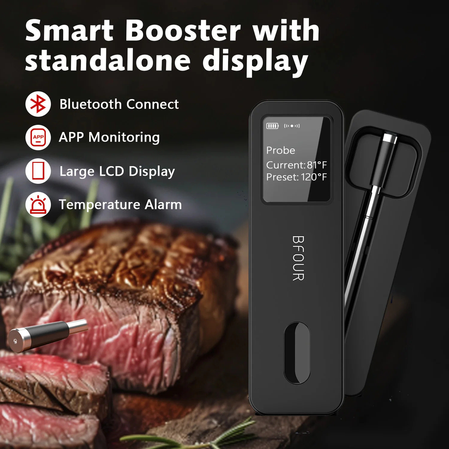 Wireless Bluetooth meat thermometer IP67 waterproof probe with LCD screen booster rechargeable used for grilling smoking and grilling ovens 241113