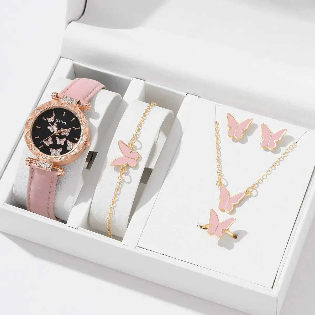 6/1pcs Set Women Watch Ring Necklace Earrings Bracelet Set Watches Butterfly Leather Strap Ladies Quartz WristWatch (No Box)XJ241109