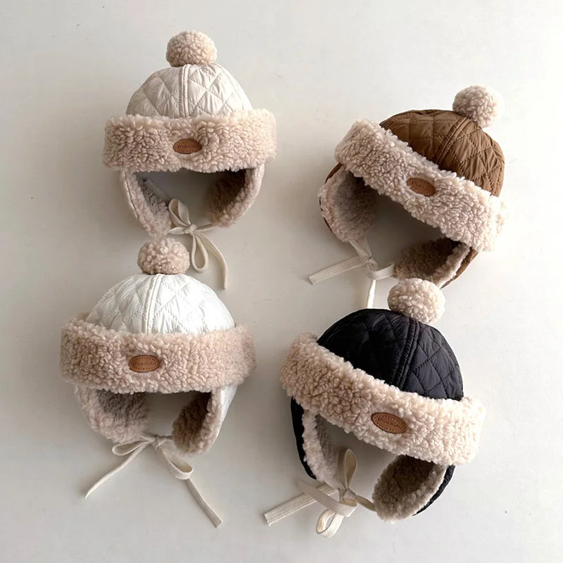 Kids Winter Plush Earflaps Beanies Childrens Padded Caps Baby Girls Thicken Warm Fur Hats 1-4Years Woolen Bomber Hats for Boys 241112