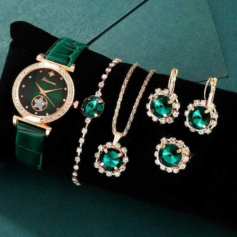 6PCS Set Green Luxury Quartz Watch Women Ring Necklace Earring Rhinestone Fashion Wristwatch Casual Ladies Bracelet WatchesXJ241109