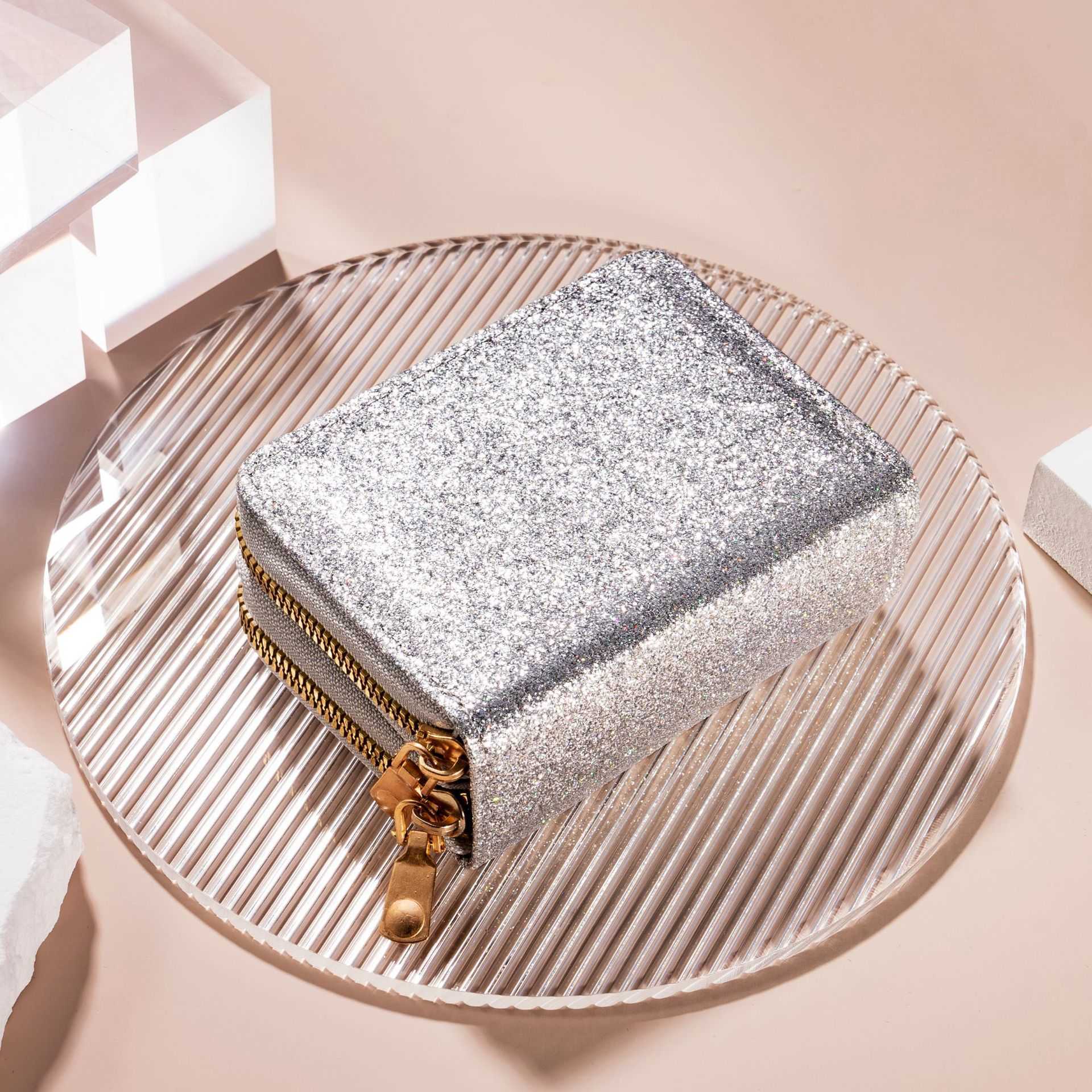 Women's Double Zipper Card Bag With Starry Sparkle Card Cover Multi Card Position ID Bag Fashionable Bag