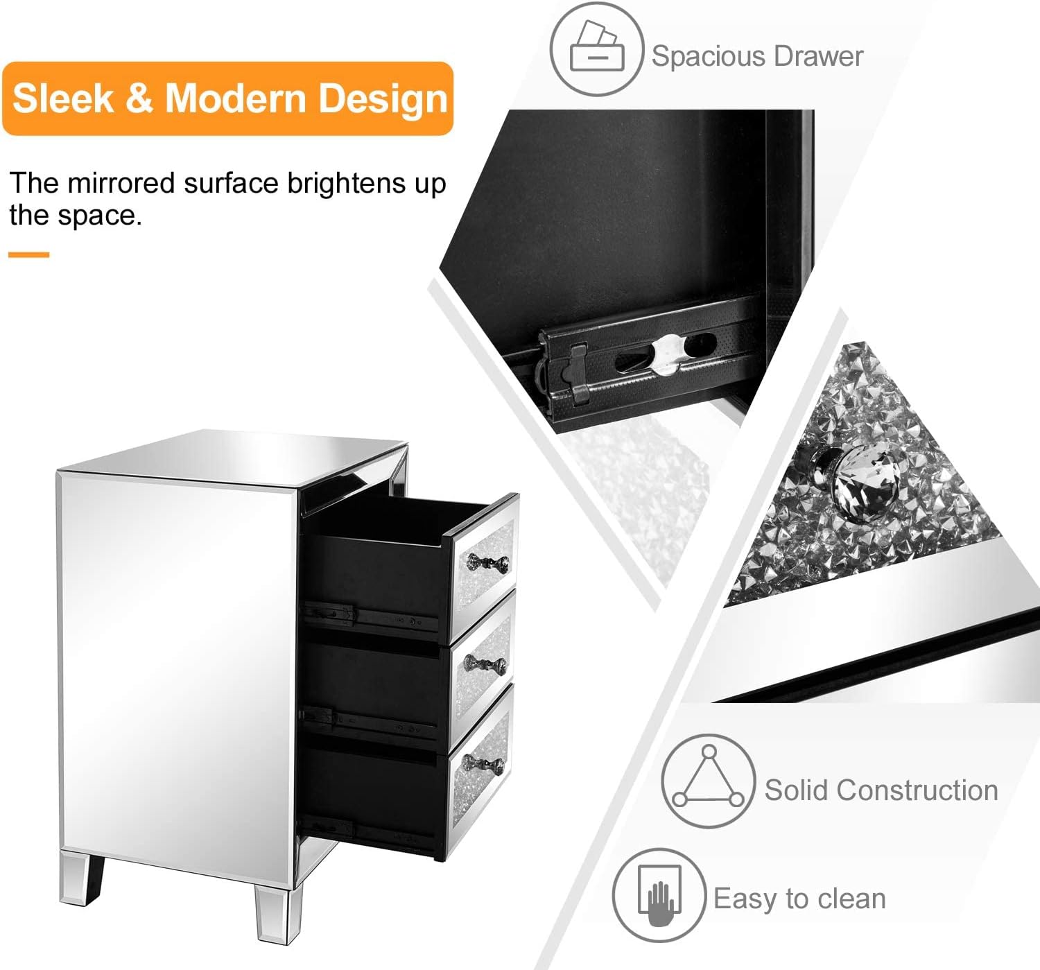 VINGLI Mirrored bedside table Nightstand Set of 2 Silver Side/End Tables for Living Room Contemporary Night Table