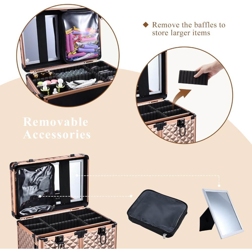 Adazzo Professional Makeup Artist Rolling Train Case Multi-functional Cosmetic Train Case Large Trolley Storage Case for Nail