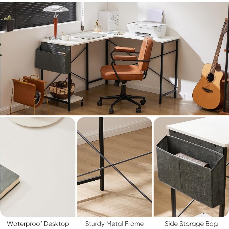 Gaming Table Corner Desk PC White Writing Desk Study Desks with Wooden Desktop CPU Stand Side Bag Reversible for Home Office