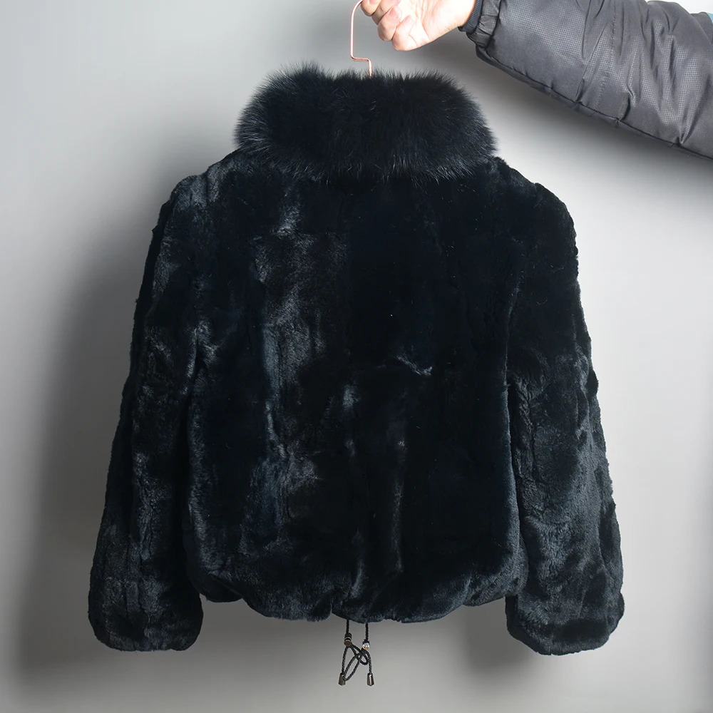 Women Winter Thick Natural Real Rex Rabbit Fur Coat Lady Warm Quality 100% Genuine Jacket With Fox Collar 241113