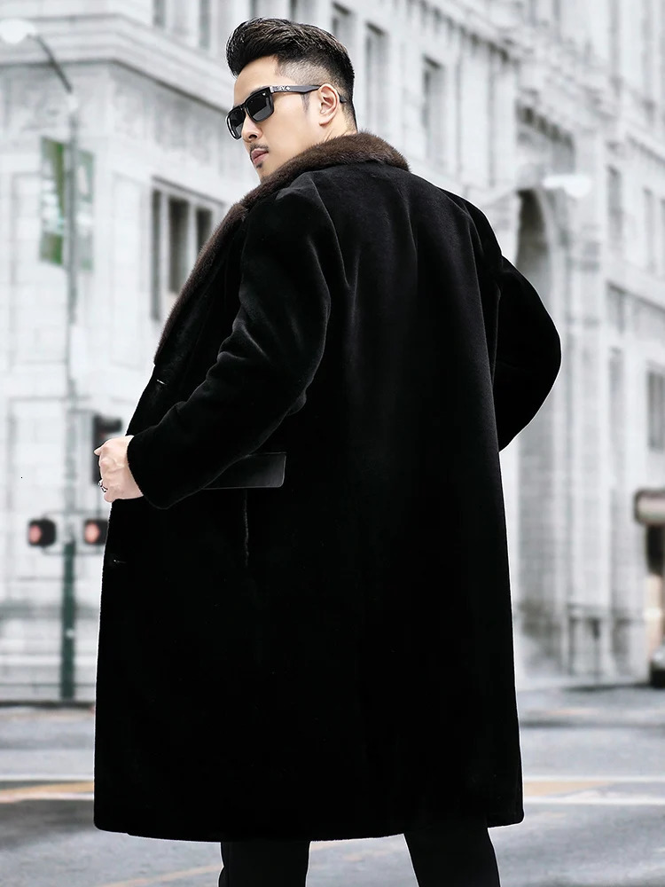 Mens Winter Pocket Sheep Wool Coat Mens Genuine Mink Collar Leather Jacket Mens Long Leather Warm Coat P508 241112