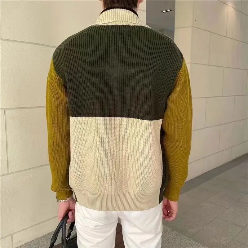 Mens Knitted Polo Shirt with Open Collar Standing Long Sleeve Button Mens Top Spring and Autumn Slimming Collar Sweater 241108