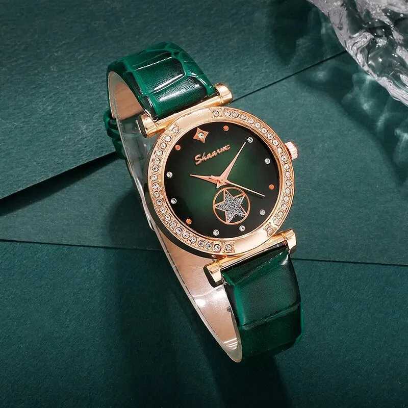 6PCS Set Green Luxury Quartz Watch Women Ring Necklace Earring Rhinestone Fashion Wristwatch Casual Ladies Bracelet WatchesXJ241109
