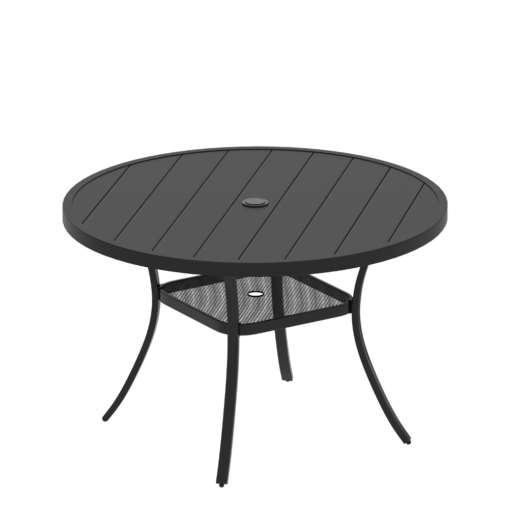 2024 Outdoor Patio Round Dining Table, Metal Slatted Round Tabletop with Adjustable Umbrella Hole for Deck Lawn Garden Backyard