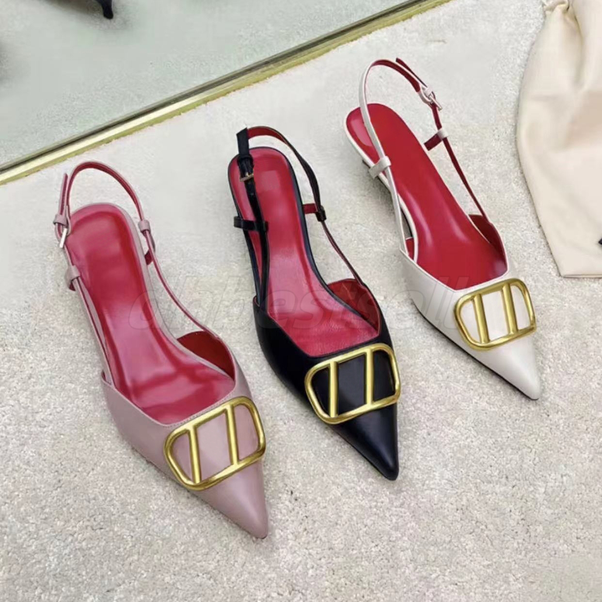 High Heels Designers Sandals Genuine Leather for Women Shoes Pointed Toe Classic Metal Buckle Summer Luxury Flat Slides Ladies Beach Sandal Party Wedding Shoes