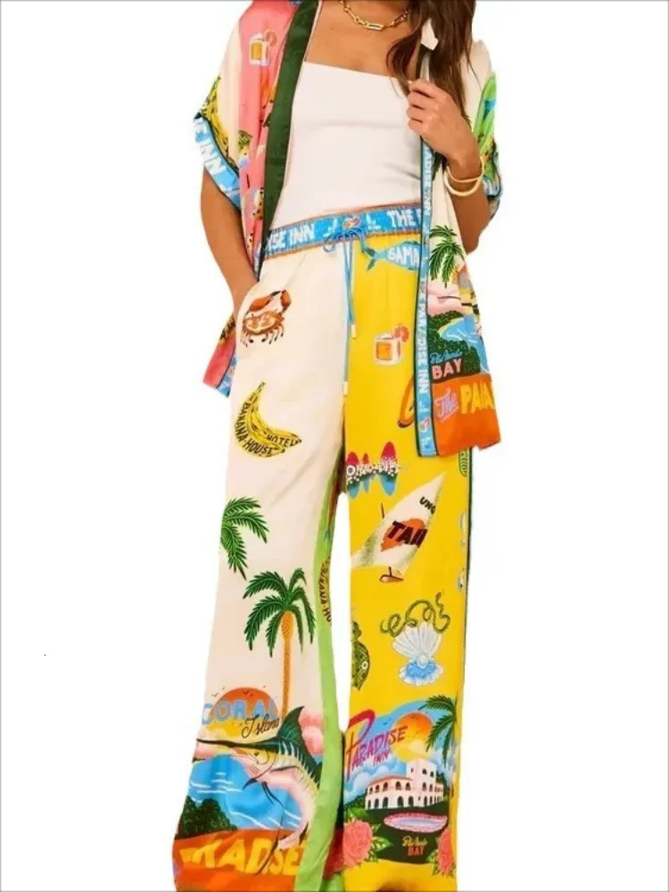 Women Holiday Casual Printed Coconut Trees Short Sleeve Shirt Blouse Top Loose Long Pants 2 Piece Set Summer Beach Outfits Suit 240402