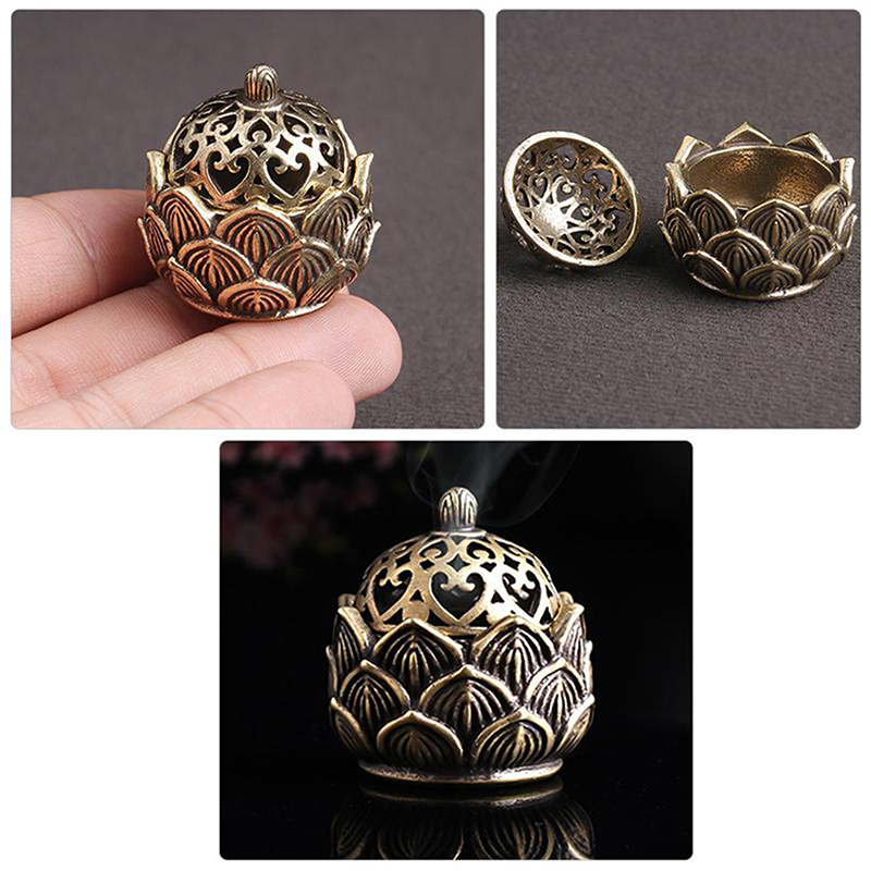 Retro Copper Small Lotus Pocket Hollow Out Stick Burner Brass Incense Holder with Cover Sandalwood Cense Home Decoration